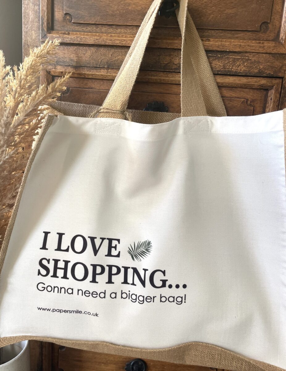 I Love Shopping, Large Jute Shopping Bag image 1