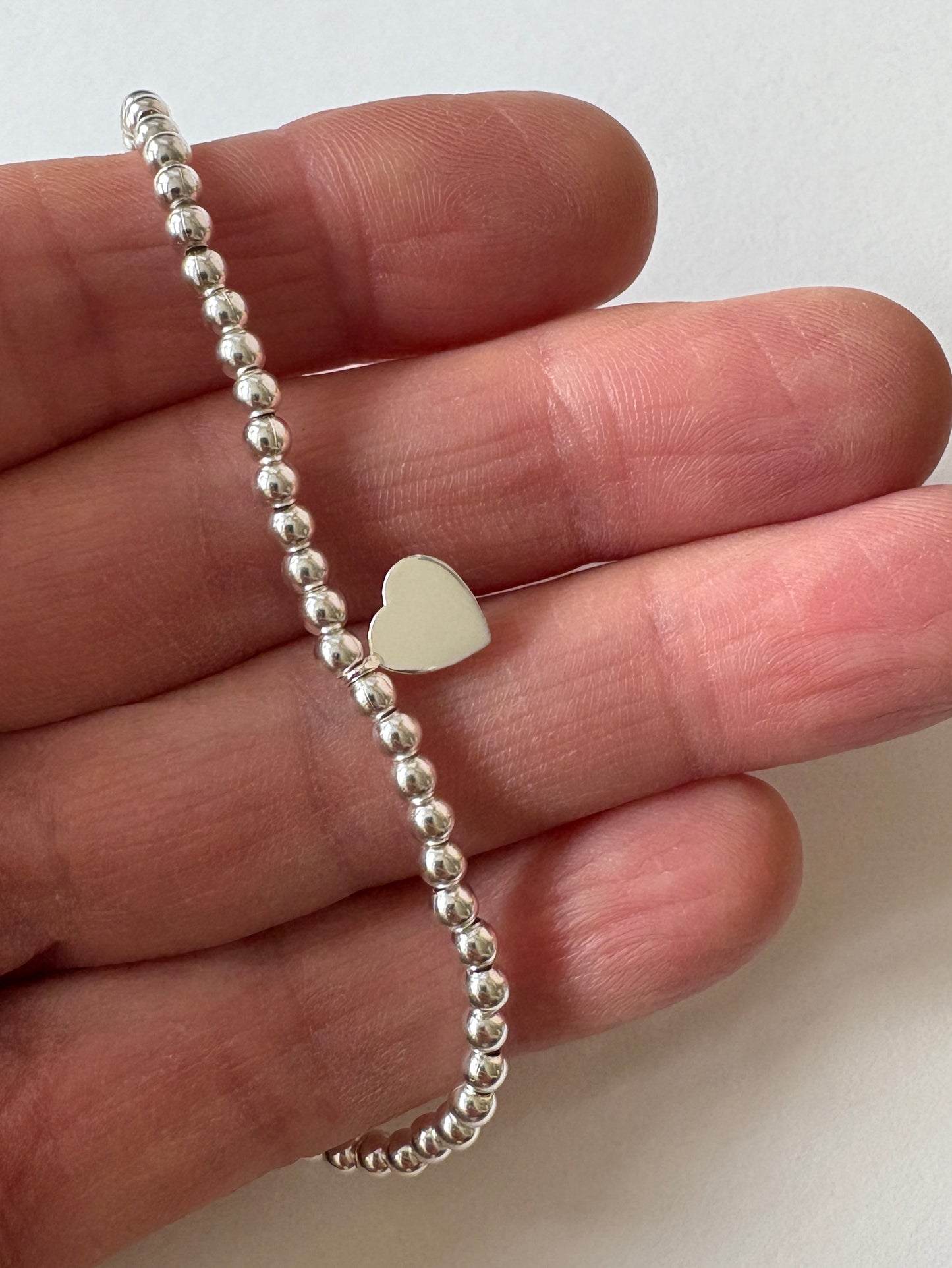 Stretch Bead Bracelet with Heart, Sterling Silver