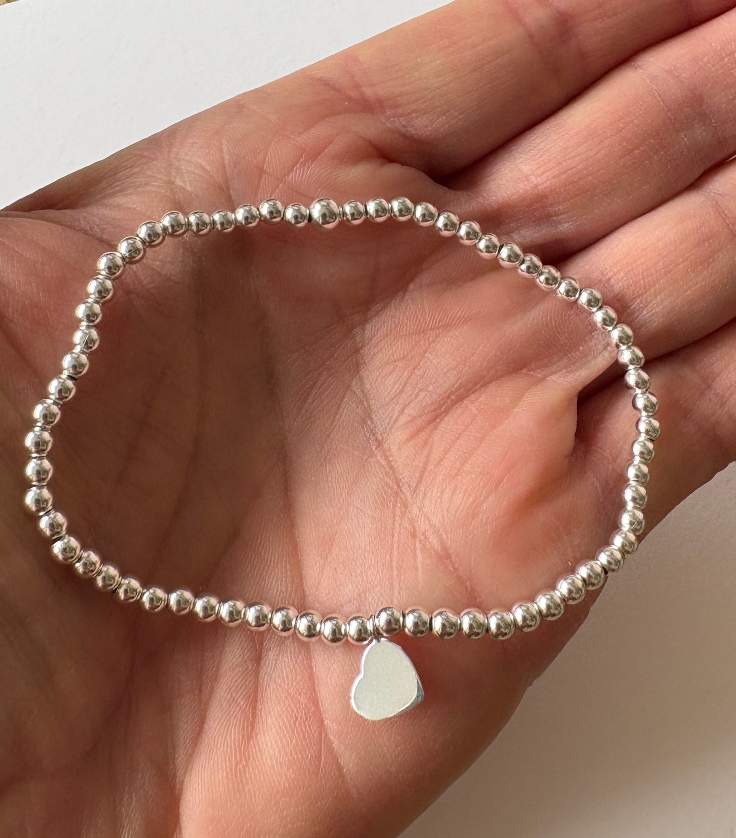 Stretch Bead Bracelet with Heart, Sterling Silver