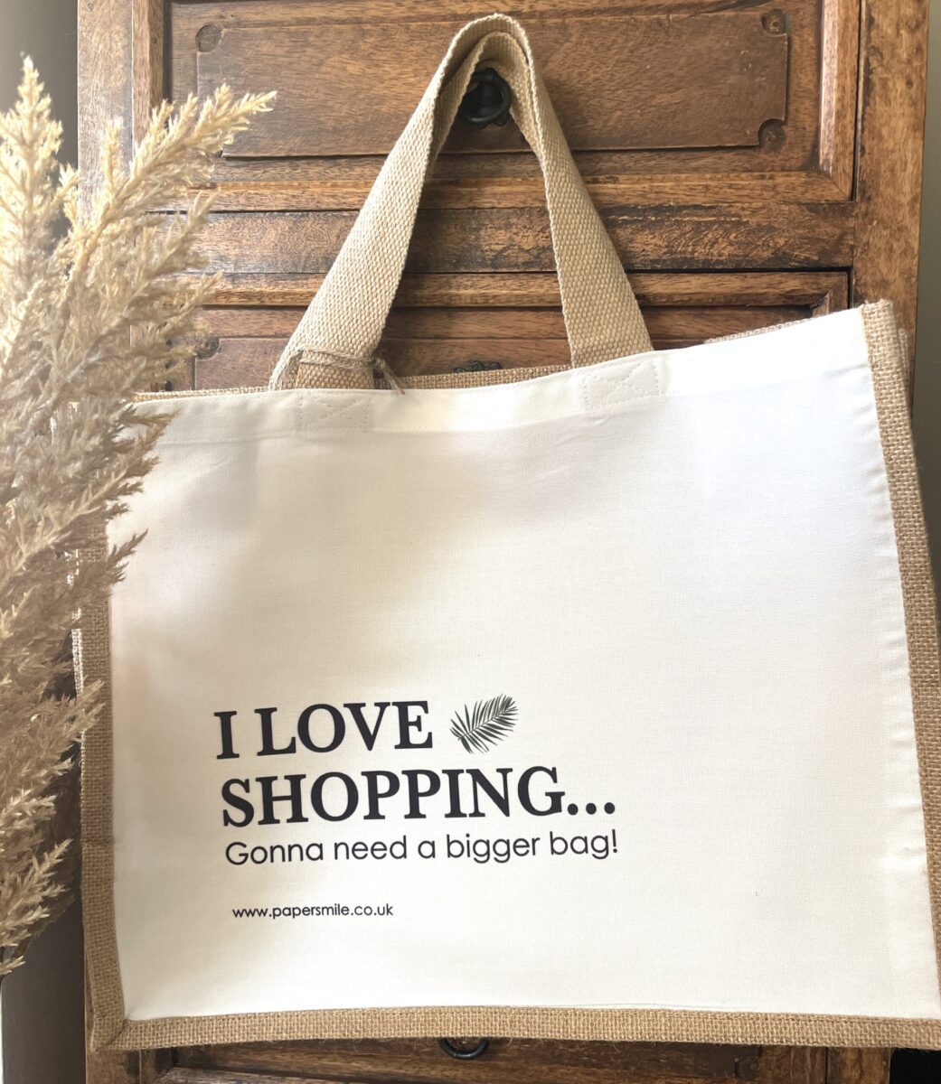 I Love Shopping, Large Jute Shopping Bag image 0