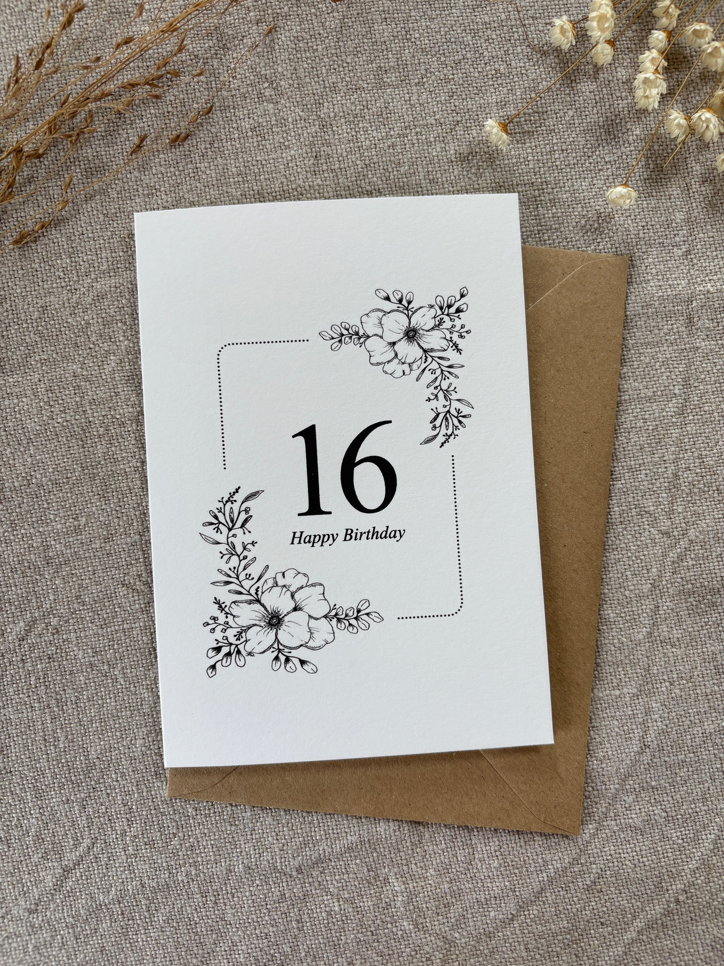 Age 16, Pretty Illustrated Floral Card