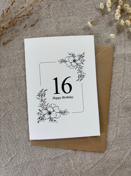 Age 16, Pretty Illustrated Floral Card