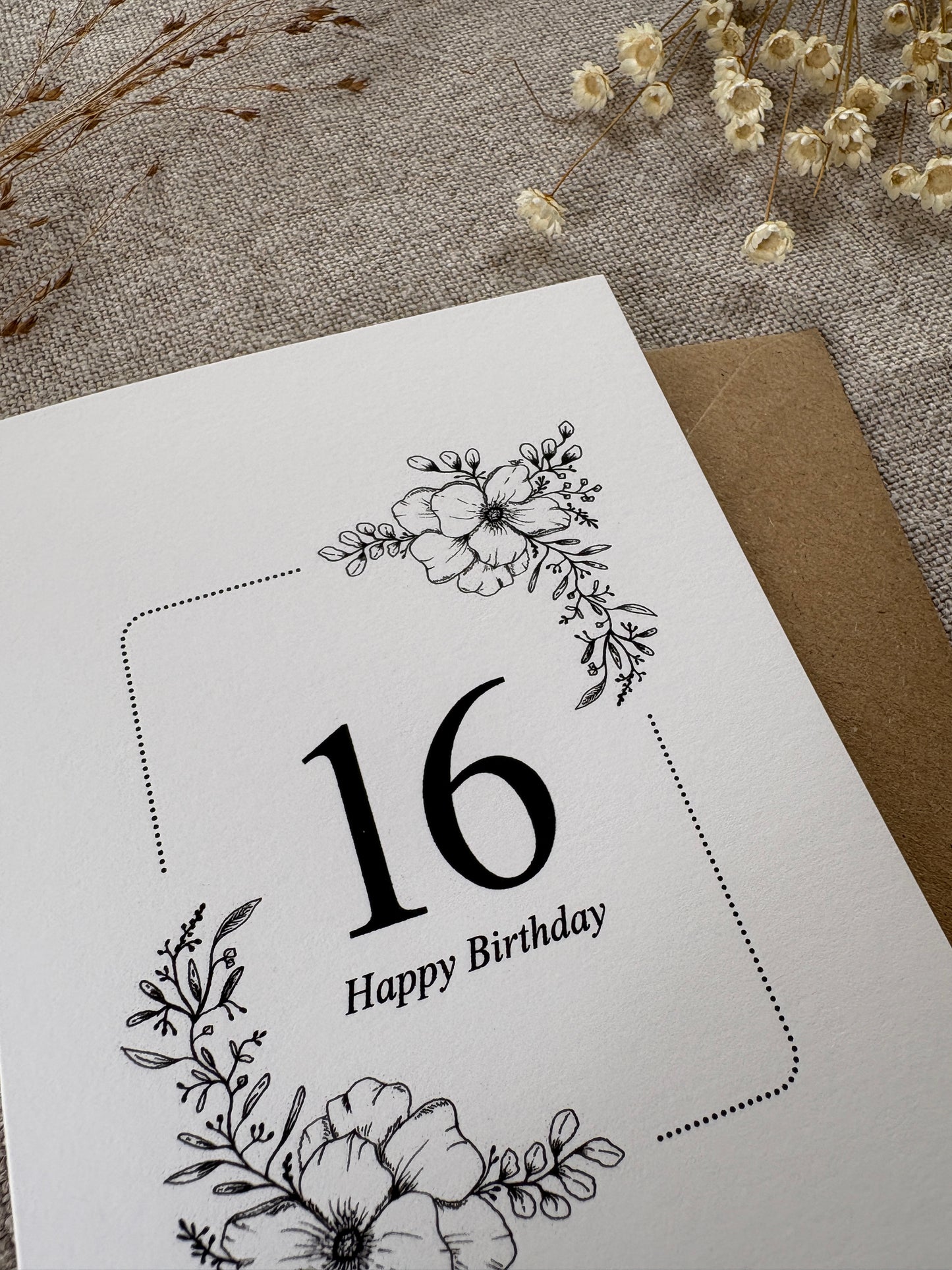 Age 16, Pretty Illustrated Floral Card