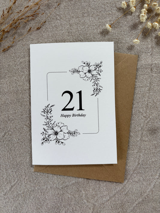 Age 21, Pretty Illustrated Floral Card