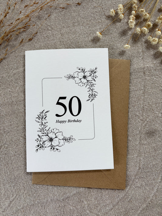 Age 50, Pretty Illustrated Floral Card