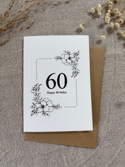 Age 60, Pretty Illustrated Floral Card