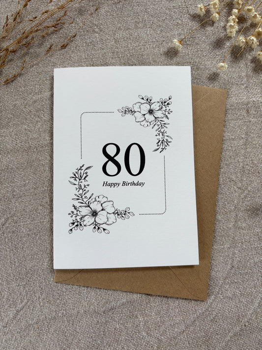 Age 80, Pretty Illustrated Floral Card