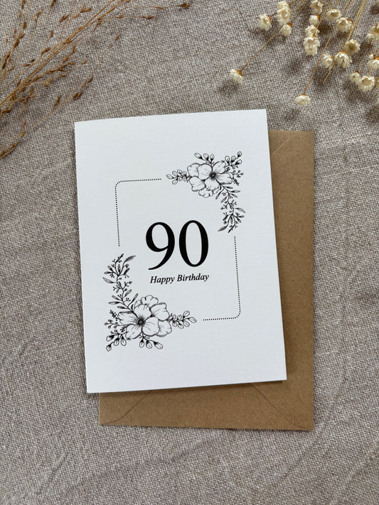 Age 90, Pretty Illustrated Floral Card