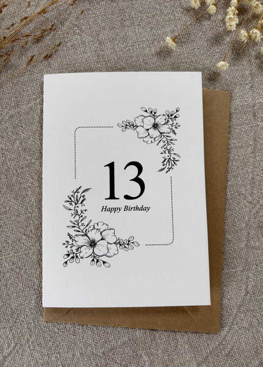 Age 13, Pretty Illustrated Floral Card