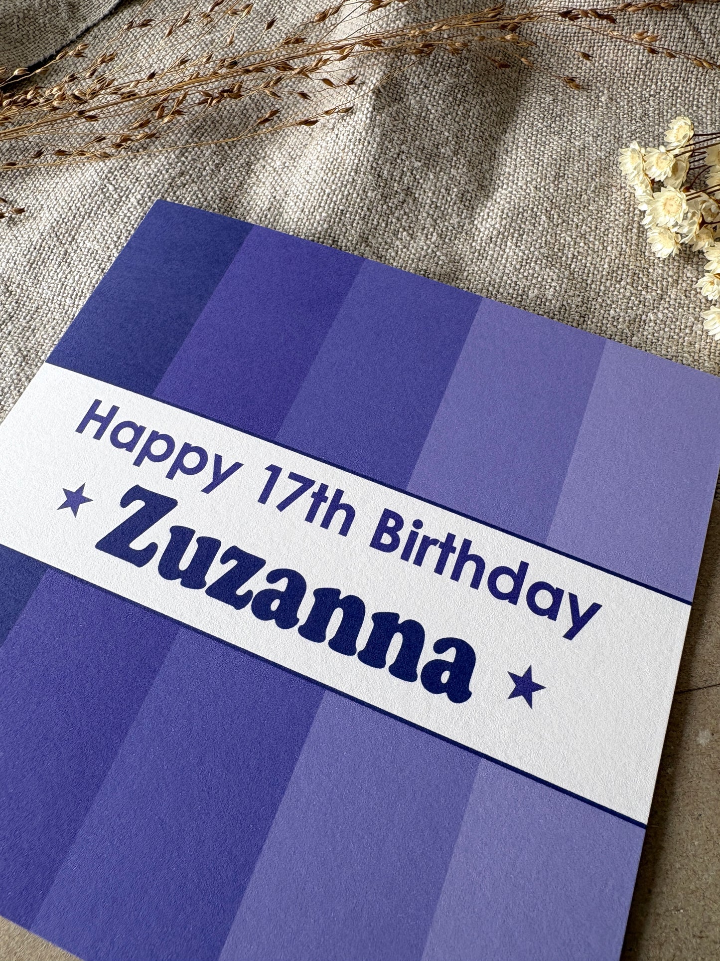 Personalised with Name & Age (age optional), Purple Birthday Card