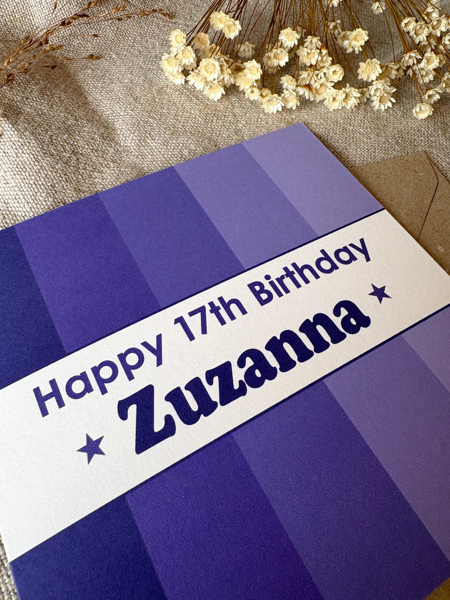 Personalised with Name & Age (age optional), Purple Birthday Card