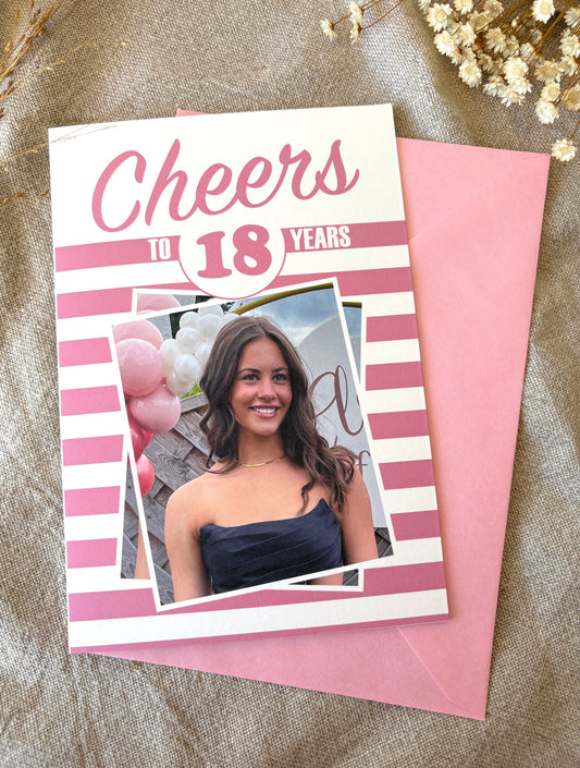 Any Age, Cheers Photo Pink Stripe Birthday Card