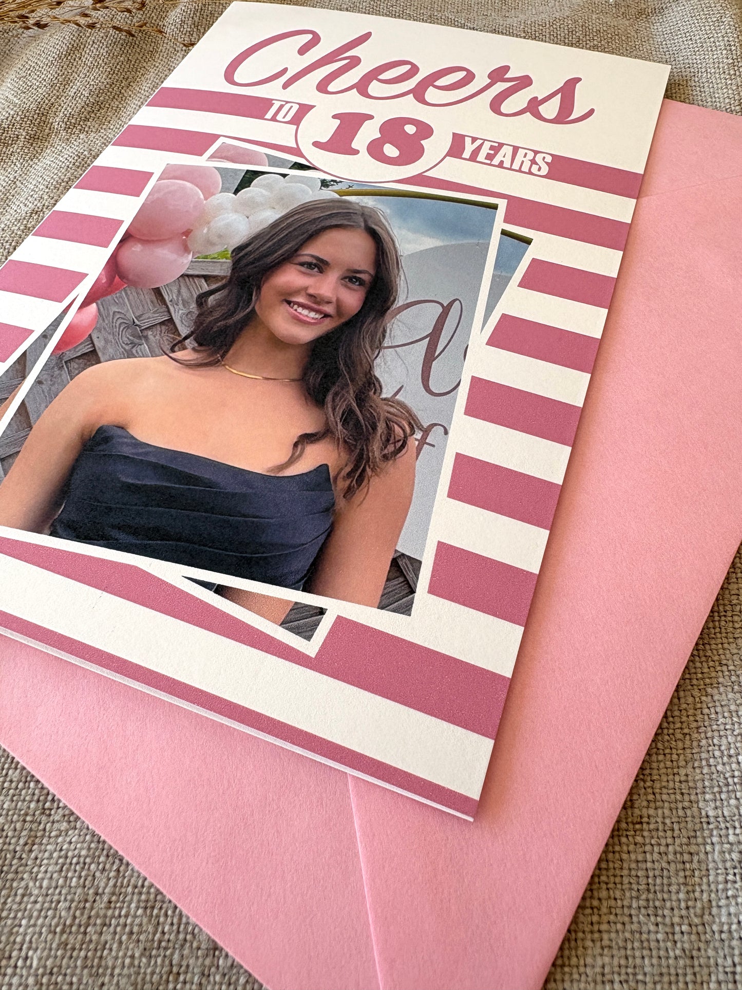Any Age, Cheers Photo Pink Stripe Birthday Card