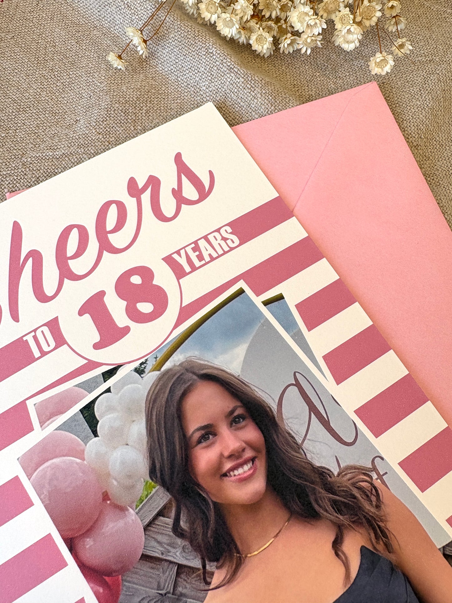 Any Age, Cheers Photo Pink Stripe Birthday Card