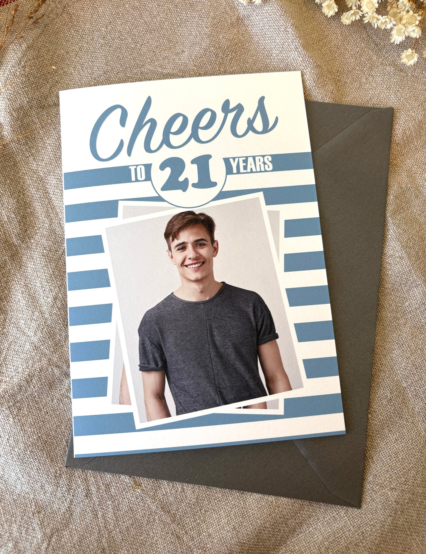 Any Age, Cheers Photo Blue Stripe Birthday Card