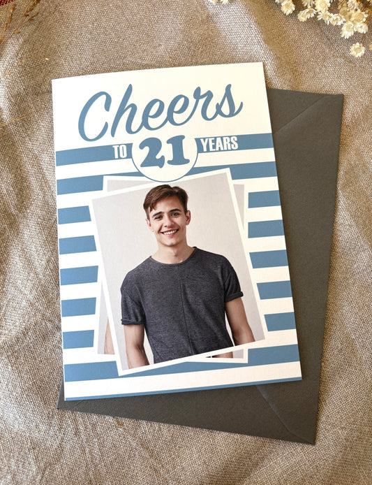 Any Age, Cheers Photo Blue Stripe Birthday Card