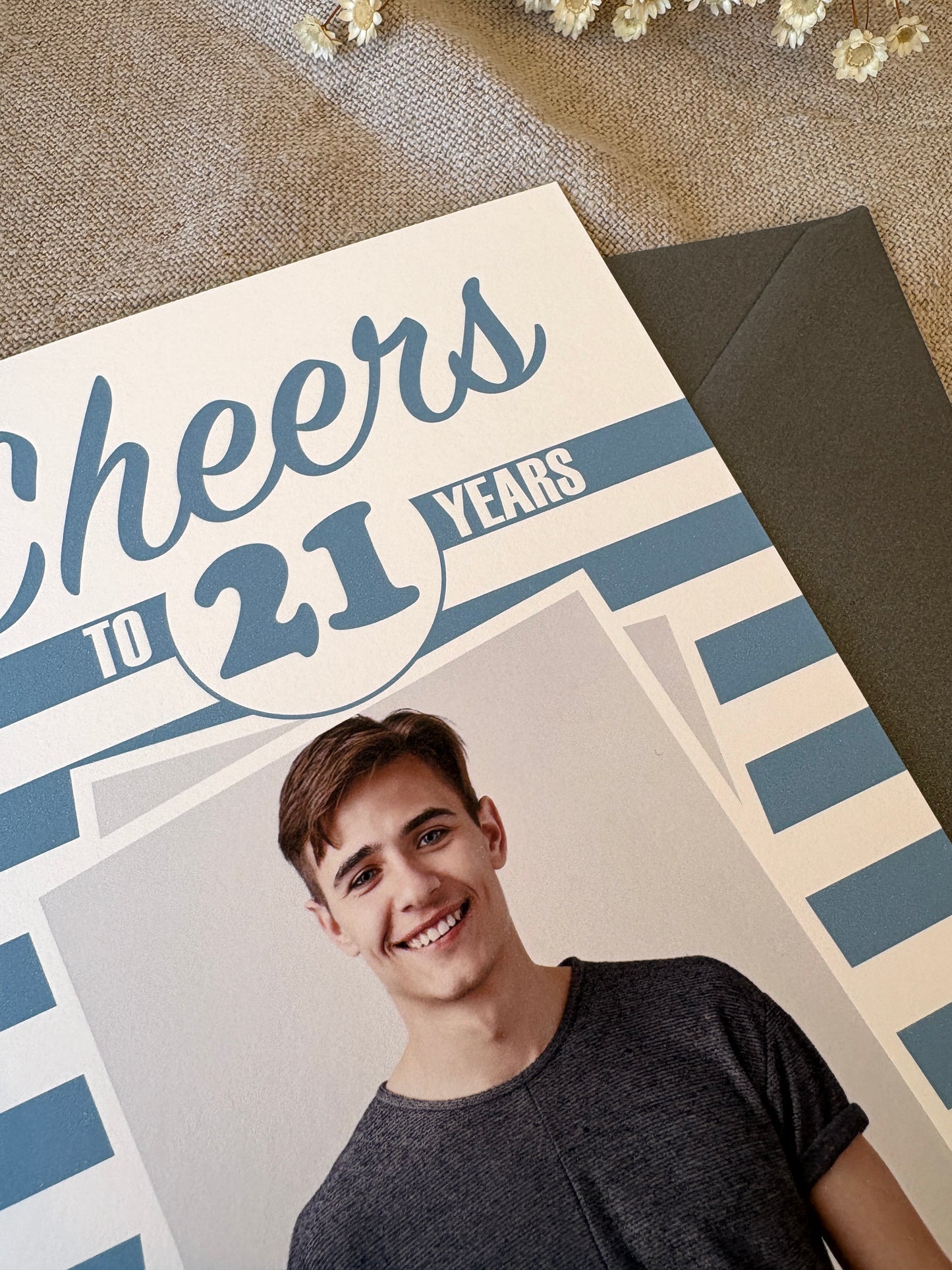 Any Age, Cheers Photo Blue Stripe Birthday Card