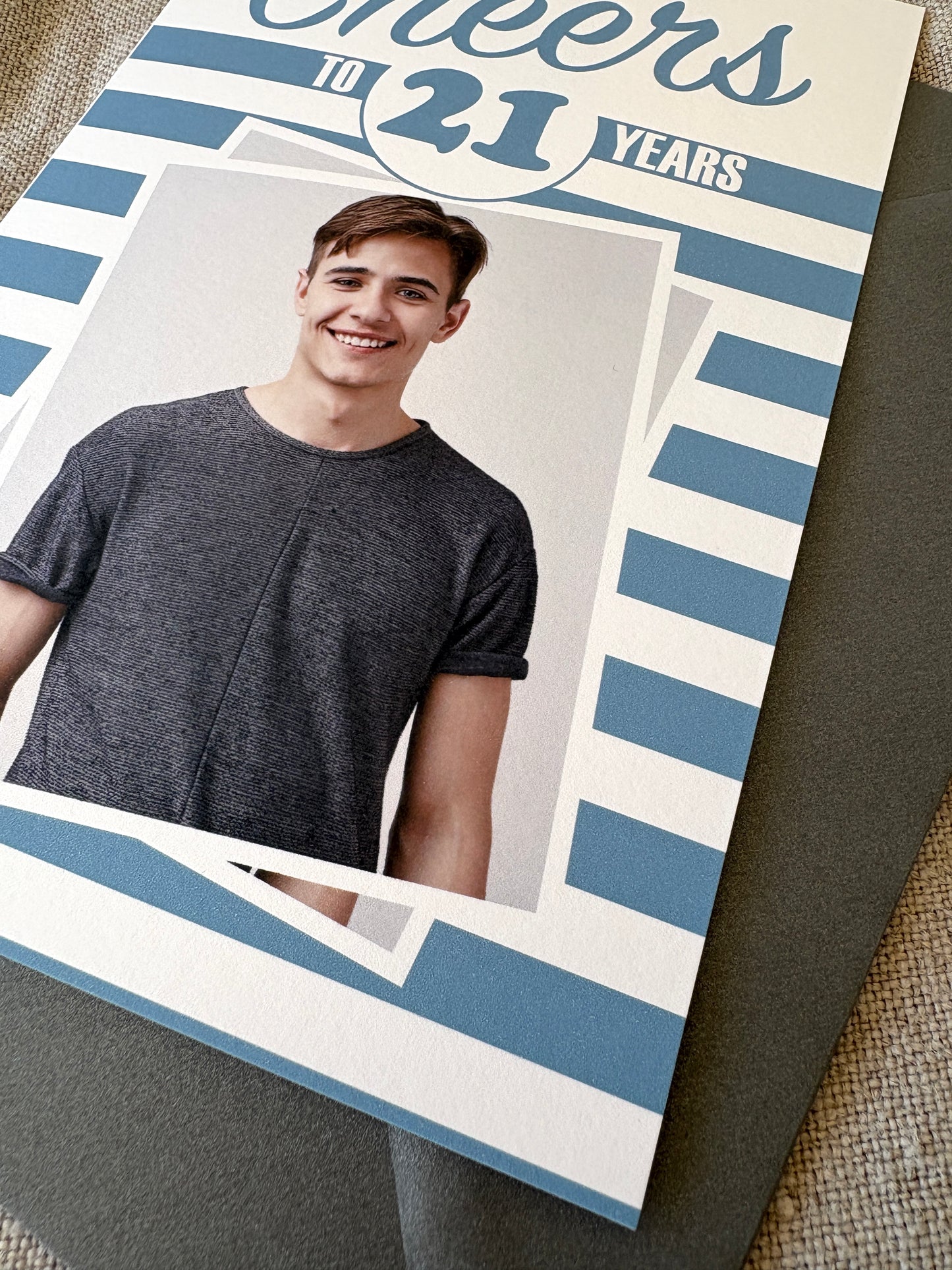 Any Age, Cheers Photo Blue Stripe Birthday Card