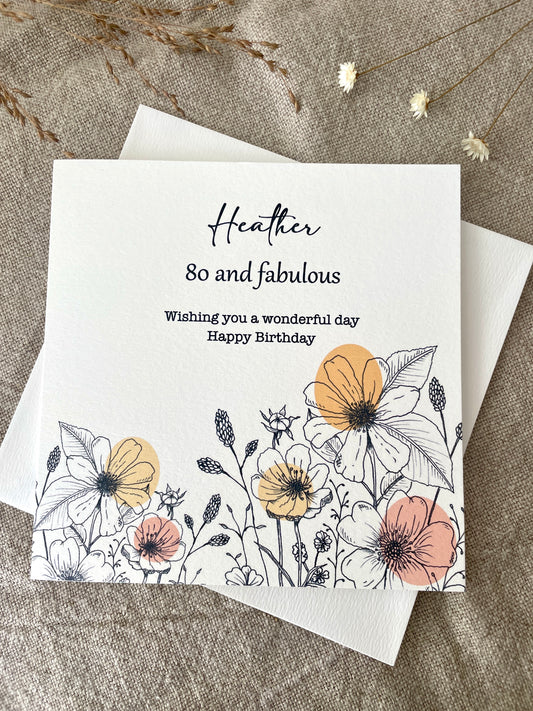 Personalised with Name & Age, Illustrated Floral Birthday Card