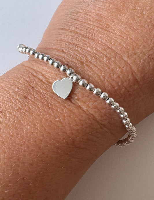 Stretch Bead Bracelet with Heart, Sterling Silver