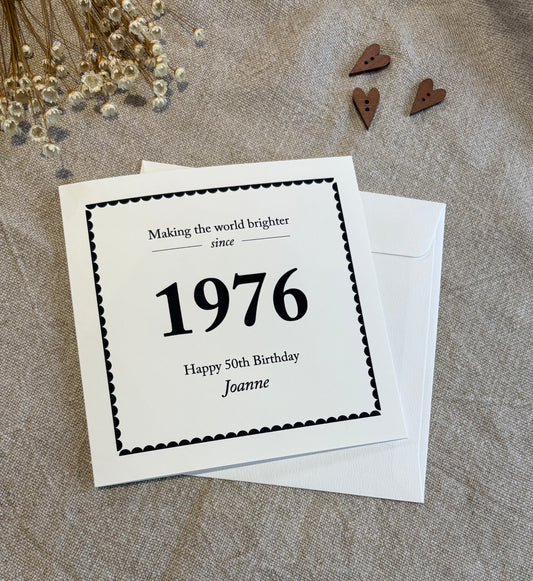 Personalised with Year, Name & Age, Contemporary Birthday Card for Him / Her